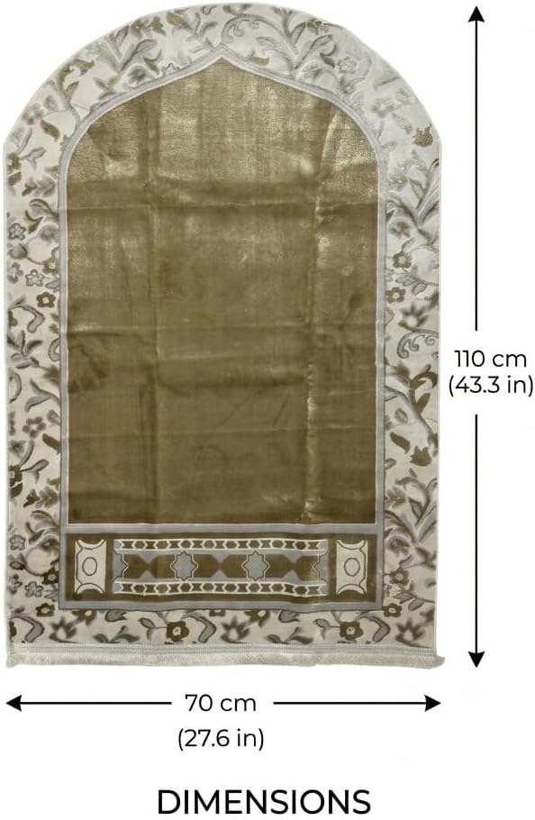 Turkish Prayer Mat Gold & White Floral Design – Soft Velvet Islamic Prayer Rug, Elegant Traditional Muslim Janamaz for Daily Salah, 70 x 110 cm