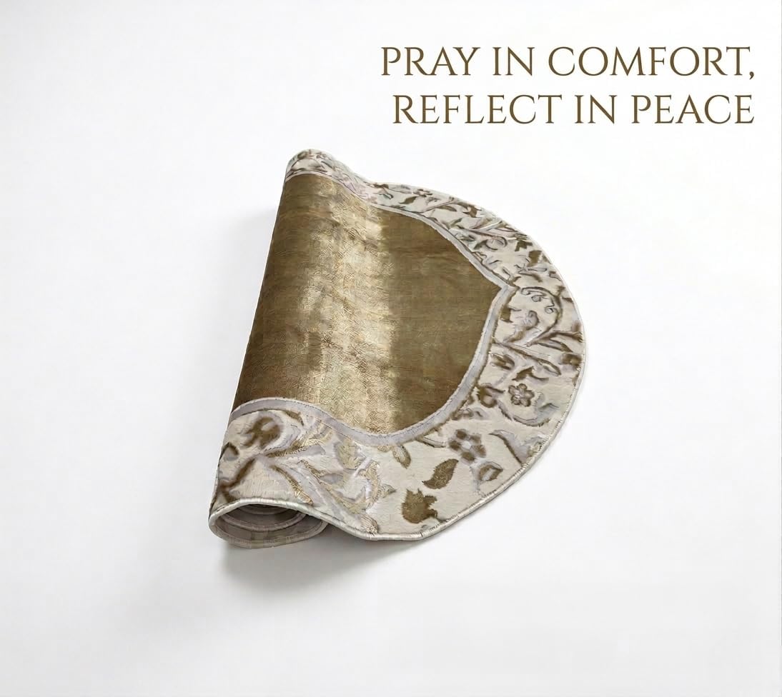 Turkish Prayer Mat Gold & White Floral Design – Soft Velvet Islamic Prayer Rug, Elegant Traditional Muslim Janamaz for Daily Salah, 70 x 110 cm