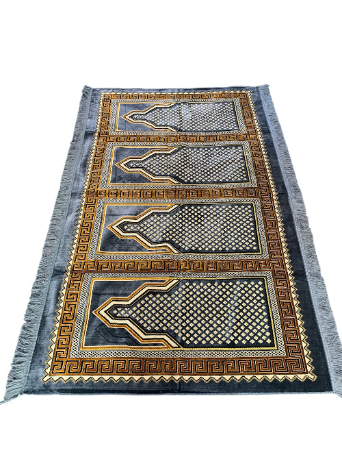 Muslim Family Prayer Rug – 4-Person Islamic Musalla, Multicolor Geometric Design with Velvet Texture (Grey).