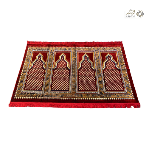 Muslim Family Prayer Rug – 4-Person Islamic Musalla, Multicolor Geometric Design with Velvet Texture (Red).