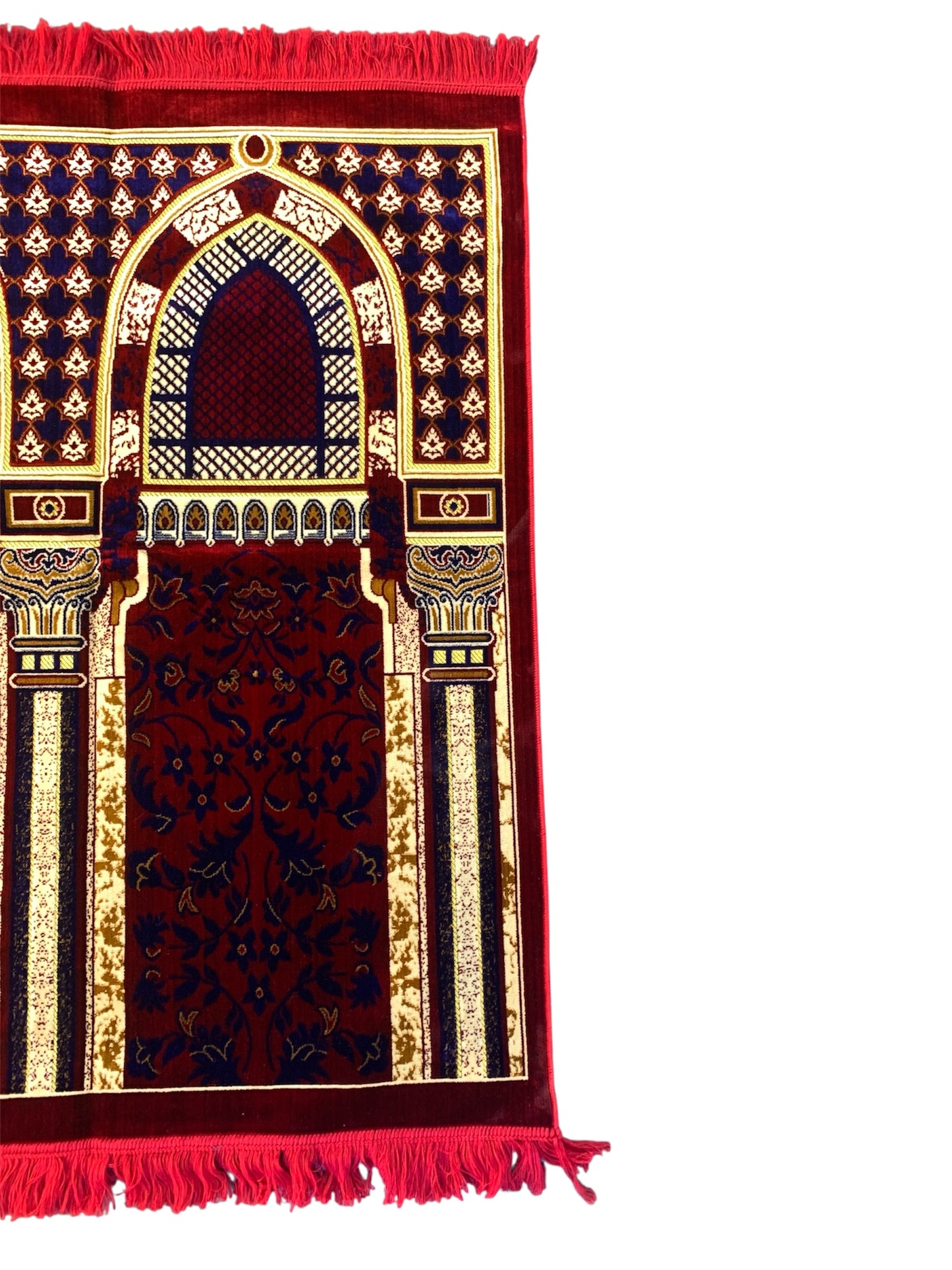 Muslim Family Prayer Rug – 4-Person Islamic Musalla, Multicolor Geometric Design with Velvet Texture (Red).
