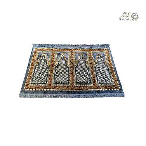 Muslim Family Prayer Rug – 4-Person Islamic Musalla, Multicolor Geometric Design with Velvet Texture (Grey).