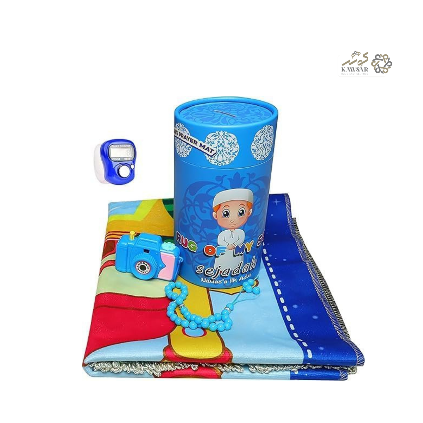 Kids Prayer Mat Set with Beads, Digital Counter & Camera – Soft Velvet Blue Islamic Gift Box