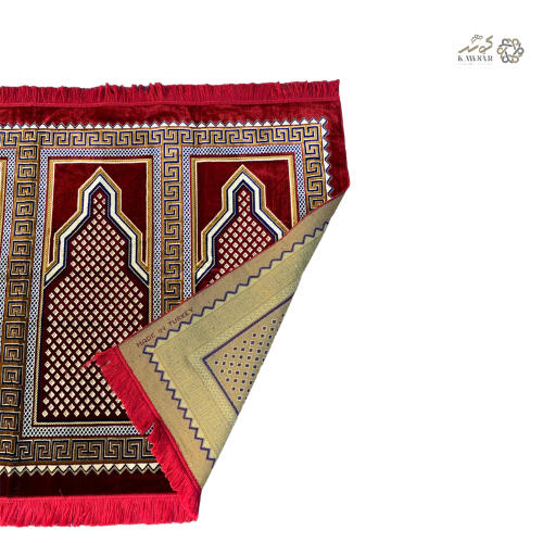 Muslim Family Prayer Rug – 4-Person Islamic Musalla, Multicolor Geometric Design with Velvet Texture (Red).