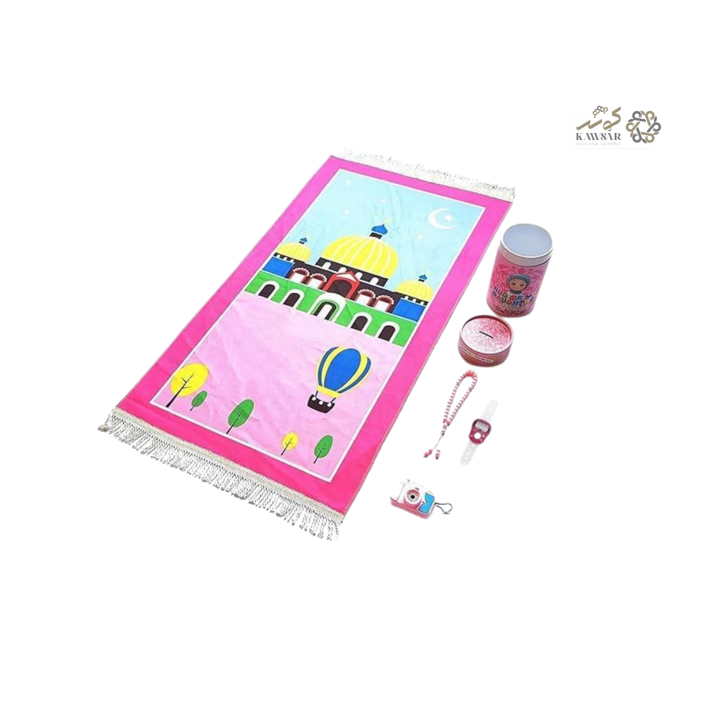 Kids Prayer Mat Set with Prayer Beads, Digital Counter & Camera – Soft Velvet Pink Islamic Gift Box