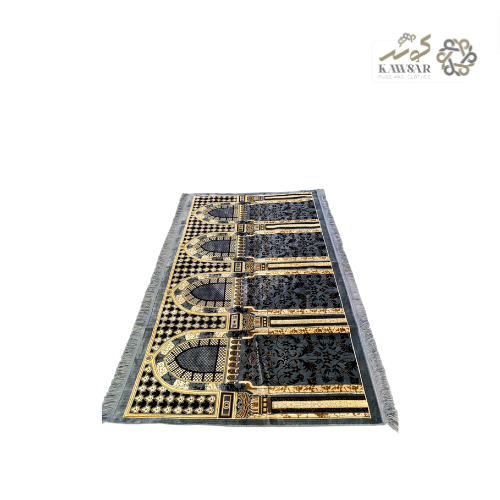 Muslim Family Prayer Rug – 4 Person Musalla | Multicolor Ornate Islamic Mat with Geometric Patterns & Velvet Texture (Grey)