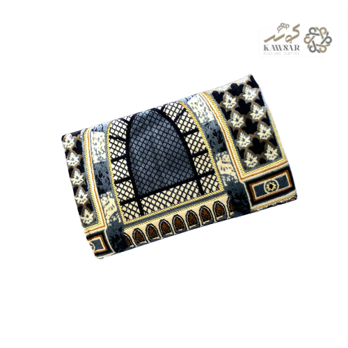 Muslim Family Prayer Rug – 4 Person Musalla | Multicolor Ornate Islamic Mat with Geometric Patterns & Velvet Texture (Grey)