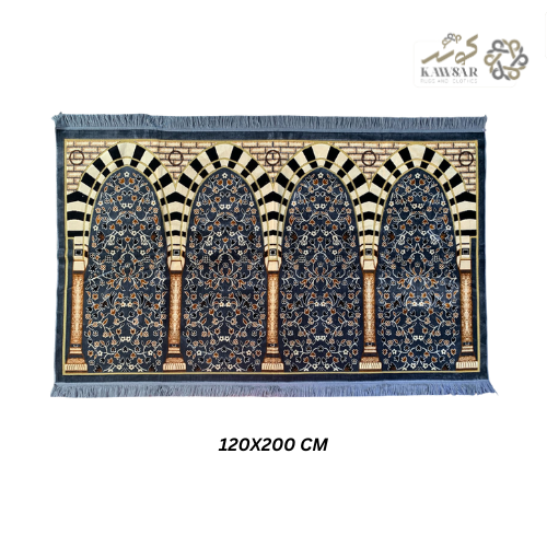 Muslim Family Prayer Rug – 4 Person Musalla | Multicolor Ornate Islamic Mat with Geometric Patterns & Velvet Texture (Grey)