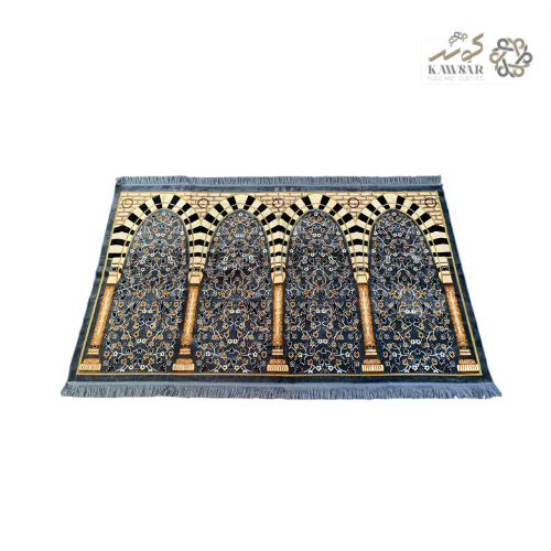 Muslim Family Prayer Rug – 4 Person Musalla | Multicolor Ornate Islamic Mat with Geometric Patterns & Velvet Texture (Grey)