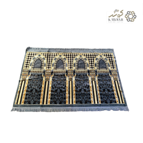 Muslim Family Prayer Rug – 4 Person Musalla | Multicolor Ornate Islamic Mat with Geometric Patterns & Velvet Texture (Grey)