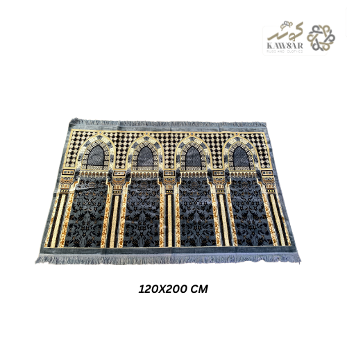 Muslim Family Prayer Rug – 4 Person Musalla | Multicolor Ornate Islamic Mat with Geometric Patterns & Velvet Texture (Grey)