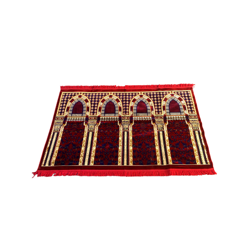 Muslim Family Prayer Rug – 4-Person Islamic Musalla, Multicolor Geometric Design with Velvet Texture (Red).